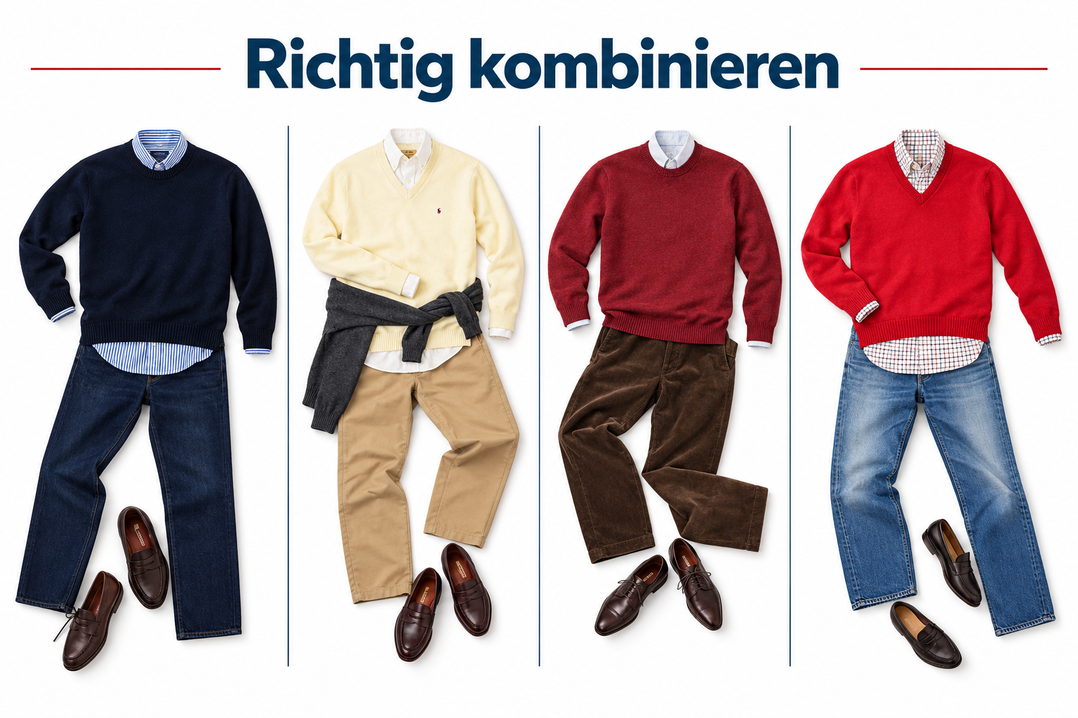 Richtig kombinieren: vier Outfit-Kombinationen mit marineblauem, cremefarbenem, bordeauxrotem und rotem Pullover, passenden Hemden, Hosen und Schuhen